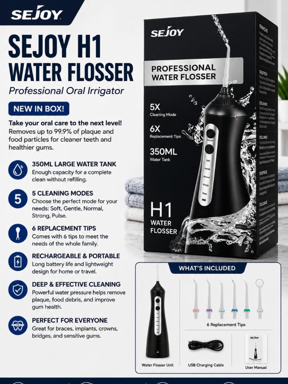 NEW SEJOY H1 Water Flosser Professional Oral Irrigator 350ML 6 Tips